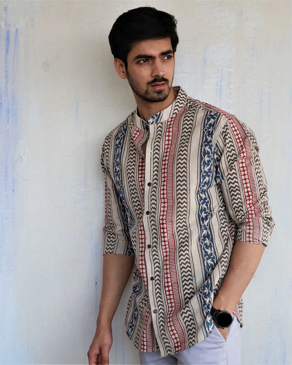 IVORY BLOCK-PRINTED MEN'S SHIRT - Image 2